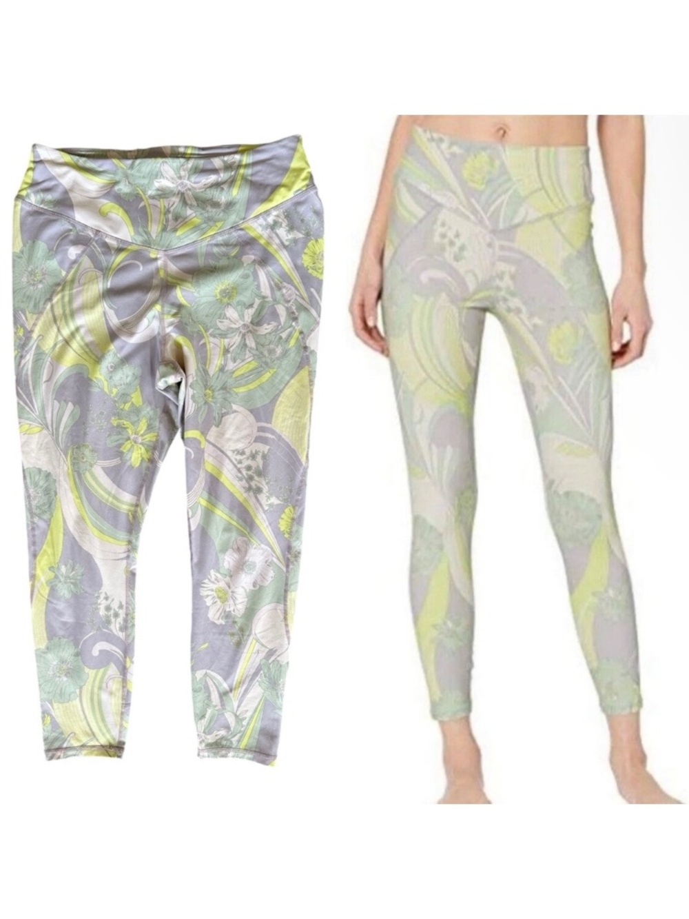 Free People Wave Crush Green & Gray Psychedelic Boho Print Leggings Large